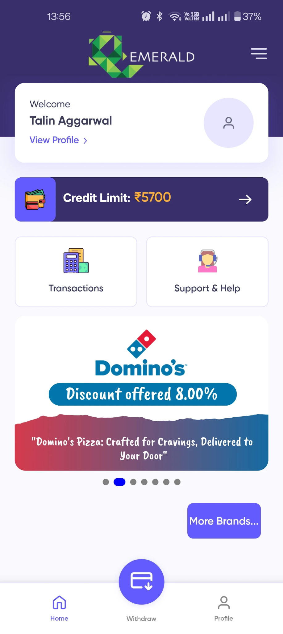 Emerald employee app home screen showing credit limit, transactions, support and brand offers