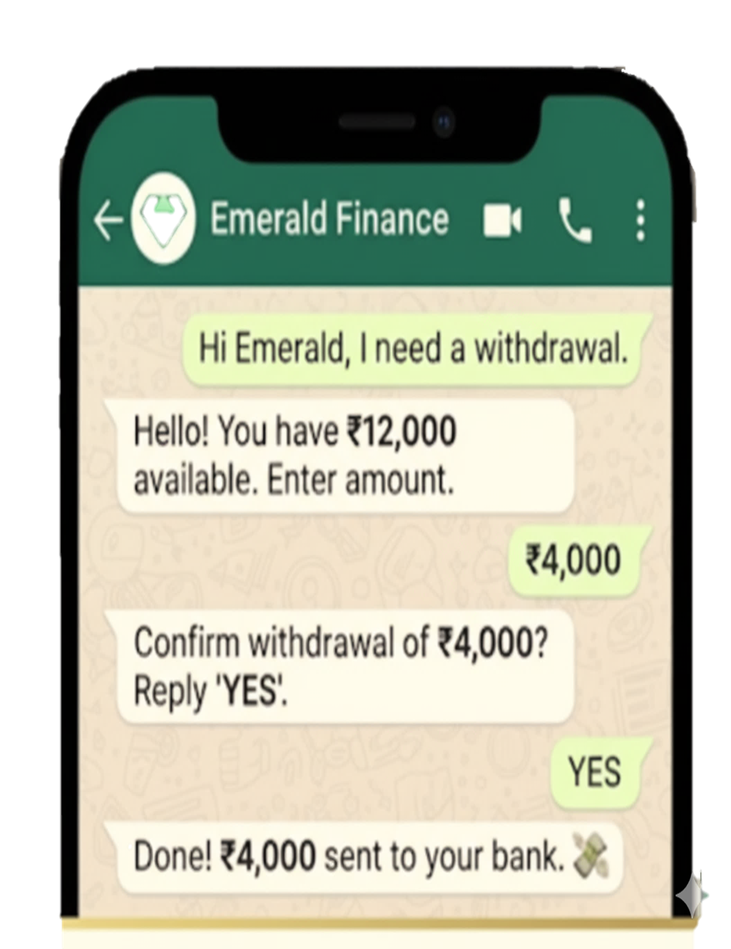 Emerald WhatsApp withdrawal flow showing amount confirmation and bank transfer